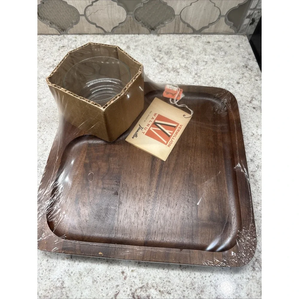 Mid-Century Vermillion Hors D'oeuvres Cracker and Dip Walnut Serving Tray W/Bowl
